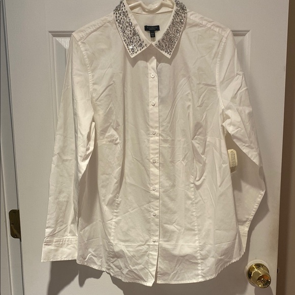 Talbots White Button-Up Shirt with Embellished Collar - Picture 3 of 10